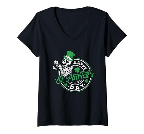 Damen Happy St. Patrick's Day Skelett Cheers T-Shirt mit V-Ausschnitt Damen Happy St. Patrick's Day Skelett Cheers T-Shirt mit V-Ausschnitt von Festive Irish Skeleton Celebration Fun