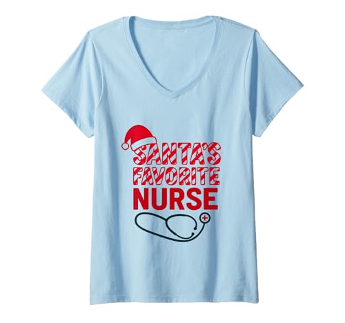 Damen Weihnachtsmann 's Favorite Nurse Christmas Holiday Design T-Shirt mit V-Ausschnitt Damen Weihnachtsmann 's Favorite Nurse Christmas Holiday Design T-Shirt mit V-Ausschnitt von Festive Medical Christmas Humor