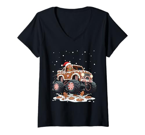 Damen Lebkuchen Monstertrucks Weihnachtskekse Crush T-Shirt mit V-Ausschnitt Damen Lebkuchen Monstertrucks Weihnachtskekse Crush T-Shirt mit V-Ausschnitt von Festive Monster Trucks Cookie