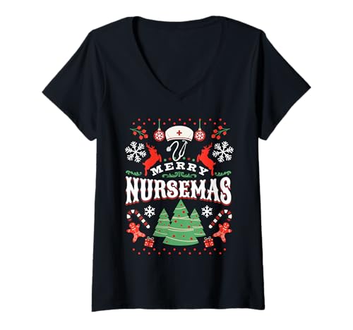 Damen Merry Nursemas Funny Nurse Life Christmas Nurses T-Shirt mit V-Ausschnitt Damen Merry Nursemas Funny Nurse Life Christmas Nurses T-Shirt mit V-Ausschnitt von Festive Nurse Life