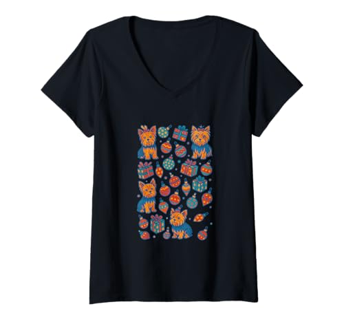 Damen Niedlicher Yorkshire Terrier Weihnachtsbaum Urlaub Hundeliebhaber T-Shirt mit V-Ausschnitt Damen Niedlicher Yorkshire Terrier Weihnachtsbaum Urlaub Hundeliebhaber T-Shirt mit V-Ausschnitt von Festive Paw Emporium