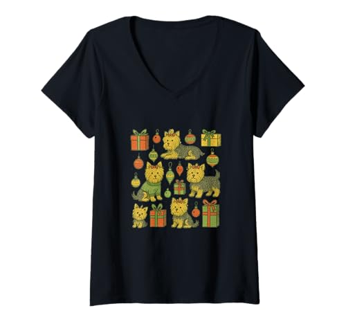 Damen Niedlicher Yorkshire Terrier Weihnachtsbaum Urlaub Hundeliebhaber T-Shirt mit V-Ausschnitt Damen Niedlicher Yorkshire Terrier Weihnachtsbaum Urlaub Hundeliebhaber T-Shirt mit V-Ausschnitt von Festive Paws Emporium