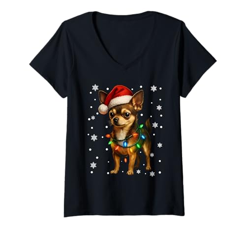 Damen Niedliches Chihuahua-Weihnachtslichter-Design mit Weihnachtsmannmütze T-Shirt mit V-Ausschnitt Damen Niedliches Chihuahua-Weihnachtslichter-Design mit Weihnachtsmannmütze T-Shirt mit V-Ausschnitt von Festive Pet Holiday Christmas