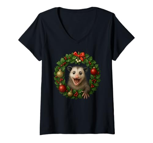 Damen Lustiger Opossum Weihnachtskranz Xmas Opossum T-Shirt mit V-Ausschnitt Damen Lustiger Opossum Weihnachtskranz Xmas Opossum T-Shirt mit V-Ausschnitt von Festive Possum XMAS Festive Animal Pet Design