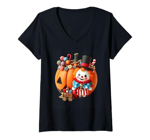 Damen Kürbis Clown Halloween Spaß T-Shirt mit V-Ausschnitt Damen Kürbis Clown Halloween Spaß T-Shirt mit V-Ausschnitt von Festive Pumpkin Clown Halloween Carnival