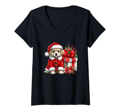 Damen Entzückender Weihnachtsmann-Welpe mit Urlaubsbox T-Shirt mit V-Ausschnitt Damen Entzückender Weihnachtsmann-Welpe mit Urlaubsbox T-Shirt mit V-Ausschnitt von Festive Puppy Christmas Cheer Joyful Holiday