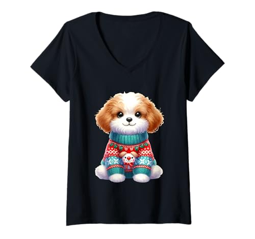 Damen Entzückender Welpe in festlichem Pullover T-Shirt mit V-Ausschnitt von Festive Puppy Cute Holiday Sweater Joy