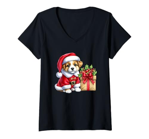 Damen Weihnachtsmann-Welpe mit Geschenkbox T-Shirt mit V-Ausschnitt Damen Weihnachtsmann-Welpe mit Geschenkbox T-Shirt mit V-Ausschnitt von Festive Puppy Holiday Cheer Box