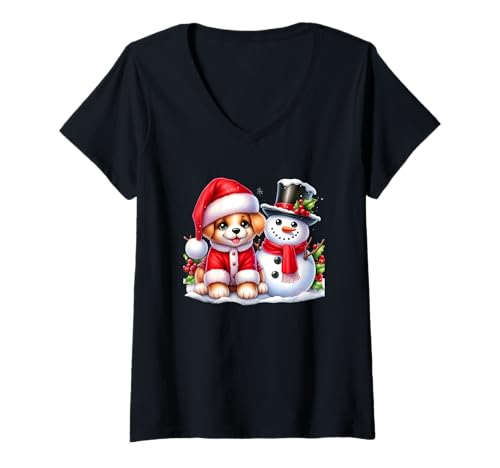 Damen Frohe Weihnachten Welpe und Schneemann Frohe Feiertage T-Shirt mit V-Ausschnitt Damen Frohe Weihnachten Welpe und Schneemann Frohe Feiertage T-Shirt mit V-Ausschnitt von Festive Puppy Snowman Christmas Cheer Decor