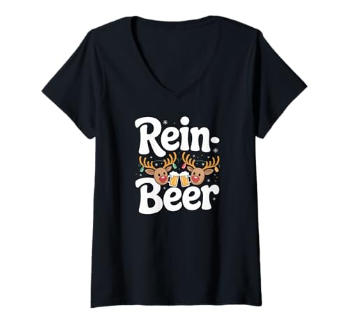 Damen Rentier Rentier Festliche Weihnachtsstimmung T-Shirt mit V-Ausschnitt Damen Rentier Rentier Festliche Weihnachtsstimmung T-Shirt mit V-Ausschnitt von Festive Reindeer Beer Humor Christmas Fun