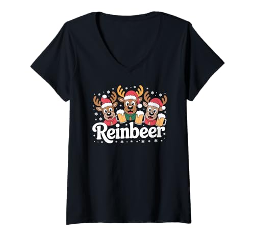 Damen Reinbeer Weihnachtsstimmung mit Rentier T-Shirt mit V-Ausschnitt Damen Reinbeer Weihnachtsstimmung mit Rentier T-Shirt mit V-Ausschnitt von Festive Reindeer Beer Mug Cheer Cute Cartoon
