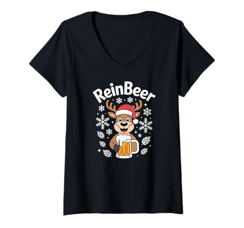 Damen Reinbeer Lustiges Rentier mit Bierkrug T-Shirt mit V-Ausschnitt Damen Reinbeer Lustiges Rentier mit Bierkrug T-Shirt mit V-Ausschnitt von Festive Reindeer Christmas Beer Lovers