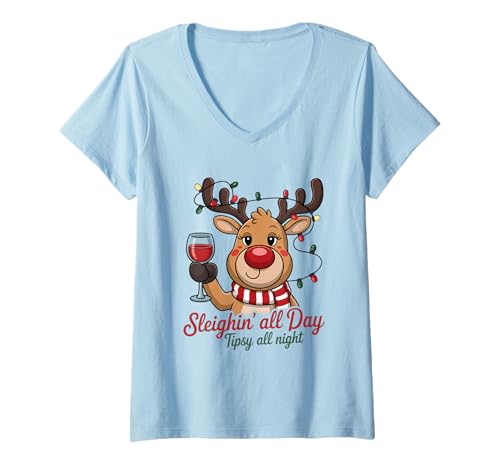 Damen Sleighin' All Day Tipsy All Night Rentier T-Shirt mit V-Ausschnitt Damen Sleighin' All Day Tipsy All Night Rentier T-Shirt mit V-Ausschnitt von Festive Reindeer Christmas Fun Humor
