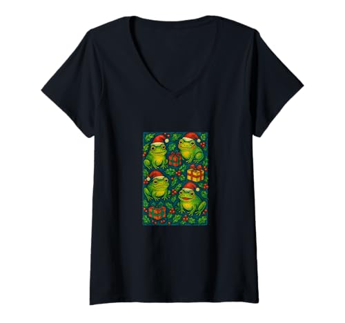 Damen Weihnachtsfroggies Urlaub Frosch Humor niedlich festlich T-Shirt mit V-Ausschnitt Damen Weihnachtsfroggies Urlaub Frosch Humor niedlich festlich T-Shirt mit V-Ausschnitt von Festive Ribbit Emporium