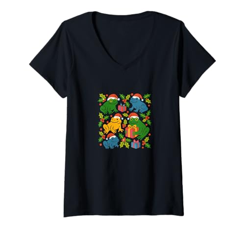 Damen Weihnachtsfroggies Urlaub Frosch Humor niedlich festlich T-Shirt mit V-Ausschnitt Damen Weihnachtsfroggies Urlaub Frosch Humor niedlich festlich T-Shirt mit V-Ausschnitt von Festive Ribbit Emporiums