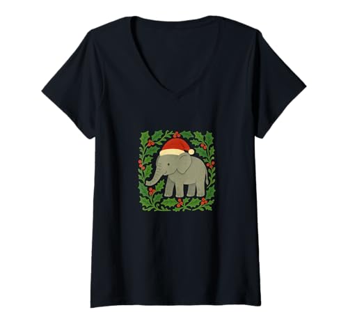 Damen Elefant mit Weihnachtsmannmütze, Safari-Urlaub T-Shirt mit V-Ausschnitt Damen Elefant mit Weihnachtsmannmütze, Safari-Urlaub T-Shirt mit V-Ausschnitt von Festive Safari Wonder Arts