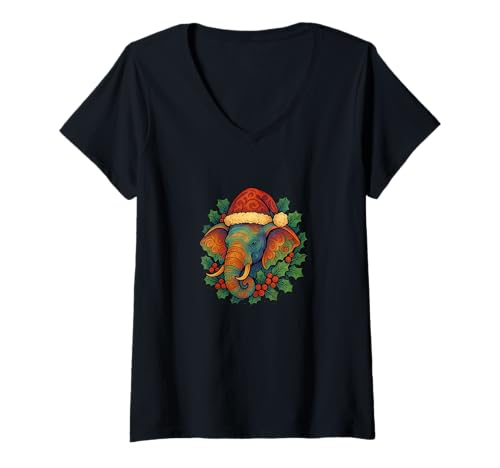 Damen Elefant mit Weihnachtsmannmütze, Safari-Urlaub T-Shirt mit V-Ausschnitt von Festive Safari Wonder