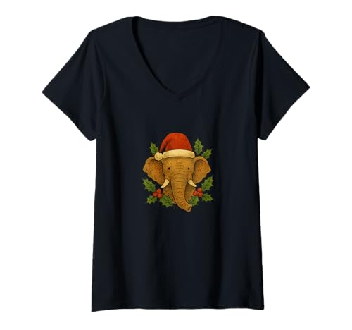 Damen Elefant mit Weihnachtsmannmütze, Safari-Urlaub T-Shirt mit V-Ausschnitt Damen Elefant mit Weihnachtsmannmütze, Safari-Urlaub T-Shirt mit V-Ausschnitt von Festive Safari Wonders
