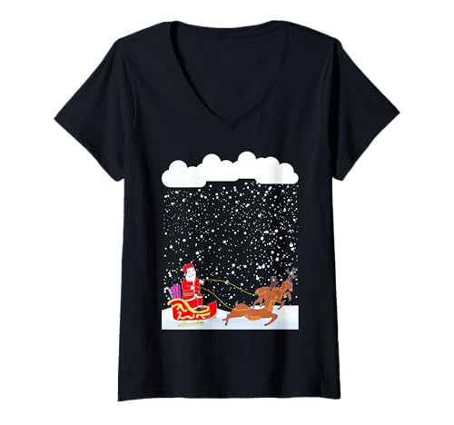 Damen Verschneiter Weihnachtsmann mit Rentier Schneeflocken Weihnachten Winter T-Shirt mit V-Ausschnitt Damen Verschneiter Weihnachtsmann mit Rentier Schneeflocken Weihnachten Winter T-Shirt mit V-Ausschnitt von Festive Santa Claus Christmas snow lover apparel