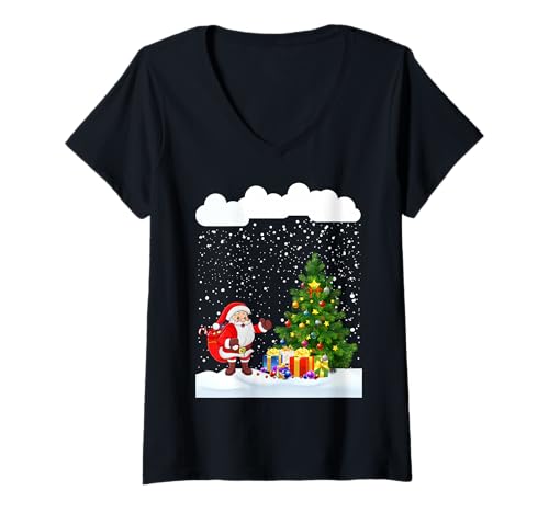 Damen Weihnachten Schneefall Weihnachtsbaum Festliche Schneeflocken Weihnachtsmann T-Shirt mit V-Ausschnitt Damen Weihnachten Schneefall Weihnachtsbaum Festliche Schneeflocken Weihnachtsmann T-Shirt mit V-Ausschnitt von Festive Santa Claus Christmas snow lover apparel