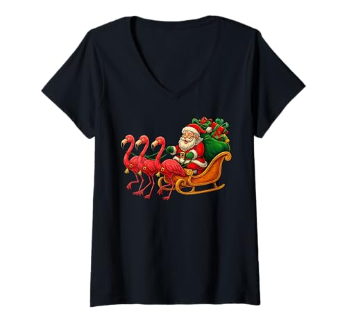 Damen Niedlicher Weihnachtsmann Schlitten Flamingo Lustig Weihnachten T-Shirt mit V-Ausschnitt Damen Niedlicher Weihnachtsmann Schlitten Flamingo Lustig Weihnachten T-Shirt mit V-Ausschnitt von Festive Santa Claus XMAS Sleigh Flamingo Design
