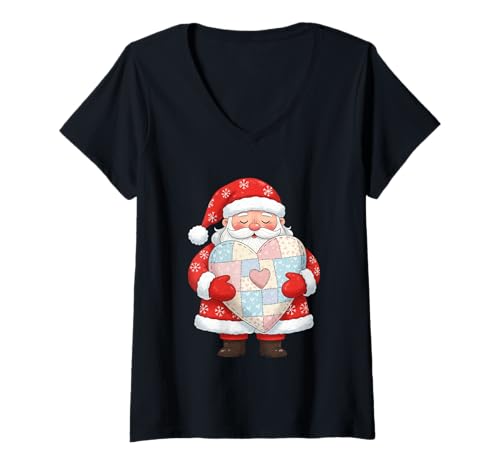 Damen Santa Holding Patchwork Herz Christmas Love T-Shirt mit V-Ausschnitt Damen Santa Holding Patchwork Herz Christmas Love T-Shirt mit V-Ausschnitt von Festive Santa Heart Quilt Holiday Cheer