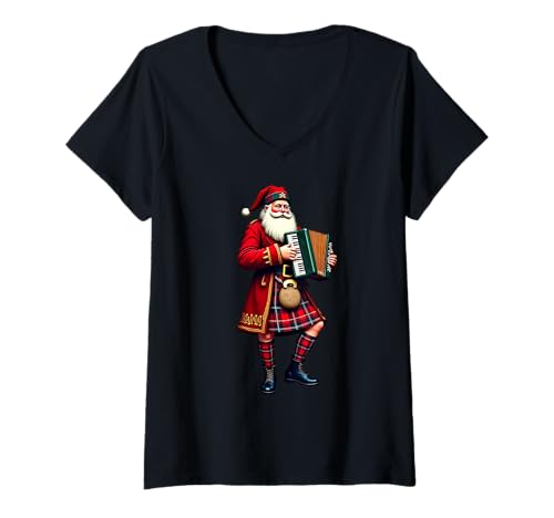 Damen Weihnachtsmann im traditionellen schottischen Kilt mit Akkordeon T-Shirt mit V-Ausschnitt Damen Weihnachtsmann im traditionellen schottischen Kilt mit Akkordeon T-Shirt mit V-Ausschnitt von Festive Scottish Christmas Art For Women And Men