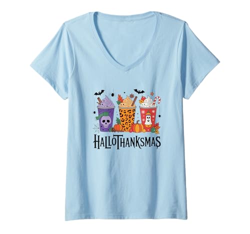 Damen Hallo Danke Skull Ghost Pumpkin T-Shirt mit V-Ausschnitt Damen Hallo Danke Skull Ghost Pumpkin T-Shirt mit V-Ausschnitt von Festive Seasonal Holiday Drinks