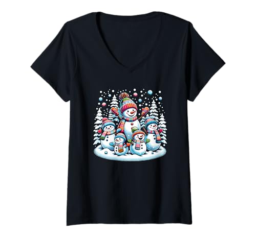 Damen Entzückendes Schneemann Familien Winter T-Shirt mit V-Ausschnitt Damen Entzückendes Schneemann Familien Winter T-Shirt mit V-Ausschnitt von Festive Snowman Winter Holiday Apparel Christmas