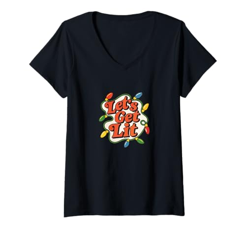 Damen Let's Get Lit Lustige Weihnachtsfeier Urlaub Lichter Design T-Shirt mit V-Ausschnitt Damen Let's Get Lit Lustige Weihnachtsfeier Urlaub Lichter Design T-Shirt mit V-Ausschnitt von Festive Spirit Graphic