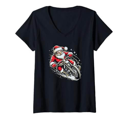 Damen Santa Speedway Rider Lustiger Weihnachtspyjama für Sport und Hobby T-Shirt mit V-Ausschnitt von Festive Sports Hobby Tees Speedway Racing Fan Gift