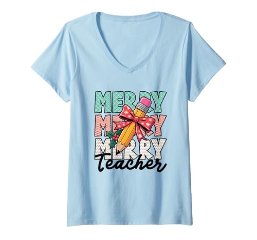 Damen Merry Merry Teacher Bleistift T-Shirt mit V-Ausschnitt Damen Merry Merry Teacher Bleistift T-Shirt mit V-Ausschnitt von Festive Teacher Christmas Pencil Art
