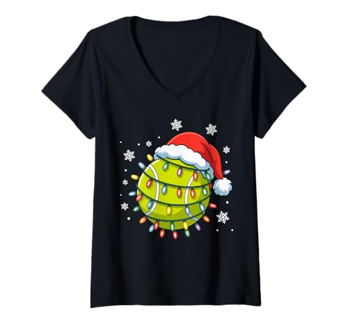 Damen Tennis Weihnachtsbeleuchtung Weihnachtsmannmütze Lustiger Urlaub für Spieler T-Shirt mit V-Ausschnitt Damen Tennis Weihnachtsbeleuchtung Weihnachtsmannmütze Lustiger Urlaub für Spieler T-Shirt mit V-Ausschnitt von Festive Tennis Holiday Lights Tee for Fans
