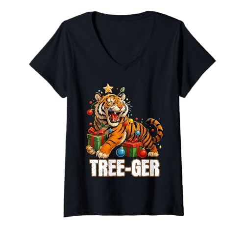 Damen Tree-ger Festlicher Weihnachtsbaum Tiger Funny Xmas T-Shirt mit V-Ausschnitt Damen Tree-ger Festlicher Weihnachtsbaum Tiger Funny Xmas T-Shirt mit V-Ausschnitt von Festive Tiger Lover Christmas Holiday Pajama