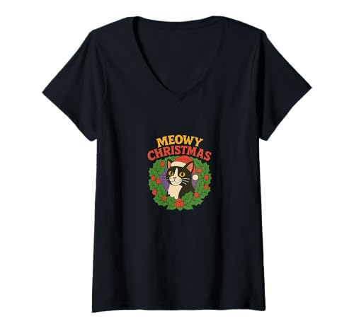 Damen Frohe Weihnachten Smoking Katze schwarz und weiß festliches Design T-Shirt mit V-Ausschnitt Damen Frohe Weihnachten Smoking Katze schwarz und weiß festliches Design T-Shirt mit V-Ausschnitt von Festive Whiskers Emporiums