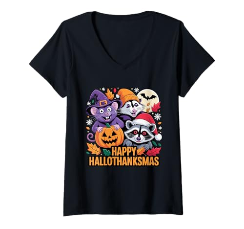 Damen Fröhliche Hallothanksmas Feiertage mit Tier Kürbis T-Shirt mit V-Ausschnitt Damen Fröhliche Hallothanksmas Feiertage mit Tier Kürbis T-Shirt mit V-Ausschnitt von Festive Wild Friends Apparel
