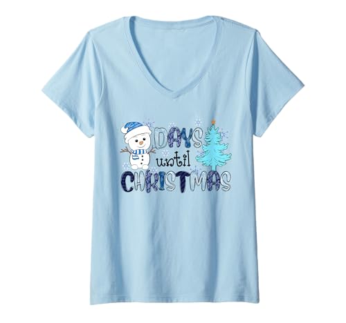 Damen Days Until Christmas Schneemann Baum Schneeflocken Urlaub Spaß T-Shirt mit V-Ausschnitt Damen Days Until Christmas Schneemann Baum Schneeflocken Urlaub Spaß T-Shirt mit V-Ausschnitt von Festive Winter Collection