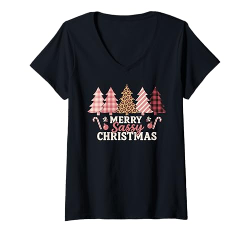 Damen Frohe, freche Weihnachten, niedliche Leoparden-Pink-Weihnachtsfeiertage T-Shirt mit V-Ausschnitt Damen Frohe, freche Weihnachten, niedliche Leoparden-Pink-Weihnachtsfeiertage T-Shirt mit V-Ausschnitt von Festive XMAS Pink Sassy Christmas Plaid Design