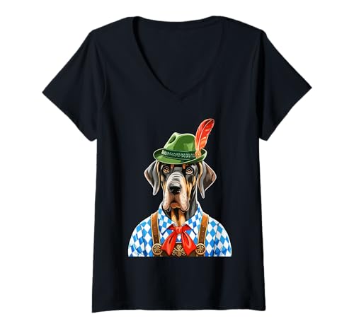 Damen Deutsche Dogge in Lederhose Trachten Oktoberfest Hund T-Shirt mit V-Ausschnitt Damen Deutsche Dogge in Lederhose Trachten Oktoberfest Hund T-Shirt mit V-Ausschnitt von FestiveDoggo