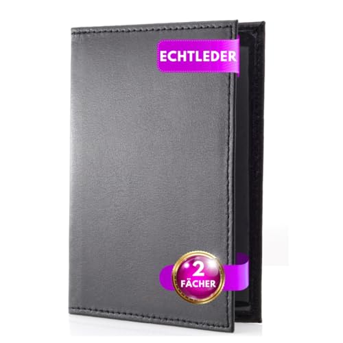 Festland DESIGN® Fahrzeugschein Hülle Ausweishülle Mappe für Zulassungsschein Führerschein Ausweis Tasche Kfz Schein Etui Kartenetui mit 2 Fächern aus Premium Leder – Schwarz (Schwarz) von Festland DESIGN