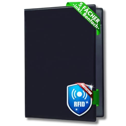 Festland DESIGN® Fahrzeugschein Hülle für KFZ Schein mit RFID-Schutz, 5 Fächer PVC Schutzhülle für Zulassungsschein, Führerschein Hülle, Fahrzeugschein Mappe, Ausweishülle, Kartenetui Schwarz von Festland DESIGN
