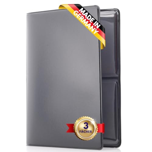 Festland DESIGN® Fahrzeugschein Hülle für KFZ-Schein & Führerschein, Ausweishülle Ultra Slim, Motorrad Auto Zubehör, Kunststoff Schutzhülle Zulassungsschein, PVC Kartenetui Mappe, 3 Fächer schwarz von Festland DESIGN