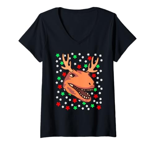 Damen Weihnachts-Dino mit Geweih und Schneeflocken Humor T-Shirt mit V-Ausschnitt Damen Weihnachts-Dino mit Geweih und Schneeflocken Humor T-Shirt mit V-Ausschnitt von Festliche Dinosaurier Fans mit Humor