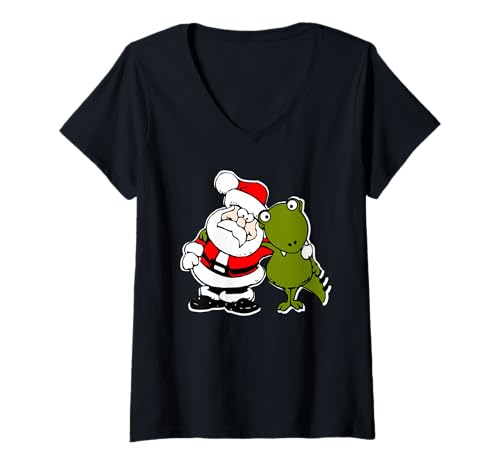 Damen Weihnachtsmann und Dinosaurier Cartoonwitz T-Shirt mit V-Ausschnitt Damen Weihnachtsmann und Dinosaurier Cartoonwitz T-Shirt mit V-Ausschnitt von Festliche Freundschaft mit Dino und Santa