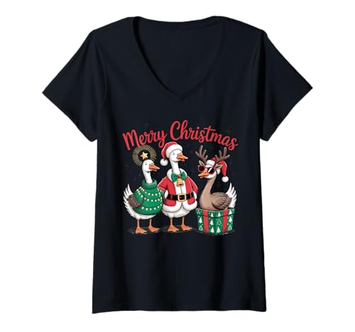 Damen Lustige Weihnachtsgänse Santa Reindeer Holiday Outfit T-Shirt mit V-Ausschnitt Damen Lustige Weihnachtsgänse Santa Reindeer Holiday Outfit T-Shirt mit V-Ausschnitt von Festliche Gänse Holiday Humor Weihnachten