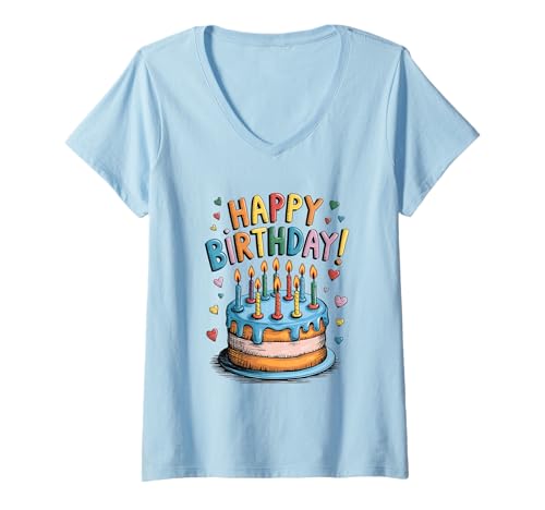 Damen Happy Birthday Kuchen Feier T-Shirt mit V-Ausschnitt Damen Happy Birthday Kuchen Feier T-Shirt mit V-Ausschnitt von Festliche Geburtstagskleidung