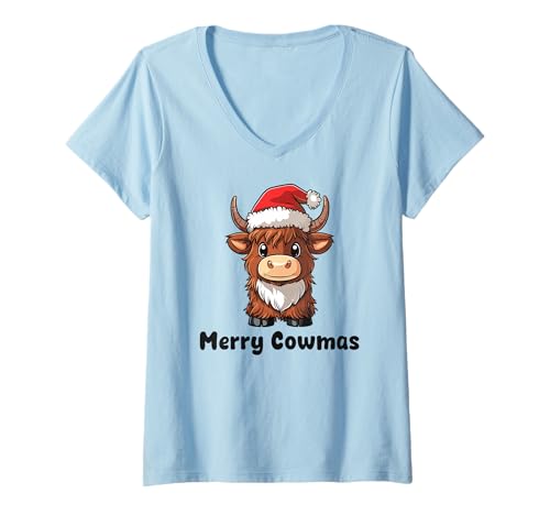 Damen Frohe Weihnachten, Süße Hochlandkuh Mit Weihnachtsmütze T-Shirt mit V-Ausschnitt Damen Frohe Weihnachten, Süße Hochlandkuh Mit Weihnachtsmütze T-Shirt mit V-Ausschnitt von Festliche Hochlandkuh-weihnachten