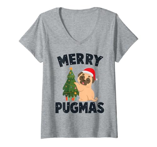 Damen Frohe Pugmas T-Shirt mit V-Ausschnitt Damen Frohe Pugmas T-Shirt mit V-Ausschnitt von Festliche Pugmas