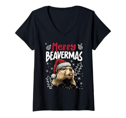 Damen Frohe Beavermas Lustiger Weihnachts-Biber-Liebhaber T-Shirt mit V-Ausschnitt von Festliche Tiere Und Haustiere Für Weihnachten