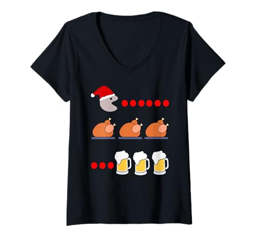 Damen Weihnachtsmann isst Truthahn und trinkt Bier Meme T-Shirt mit V-Ausschnitt Damen Weihnachtsmann isst Truthahn und trinkt Bier Meme T-Shirt mit V-Ausschnitt von Festlicher Spielwitz für Food & Bier Fans